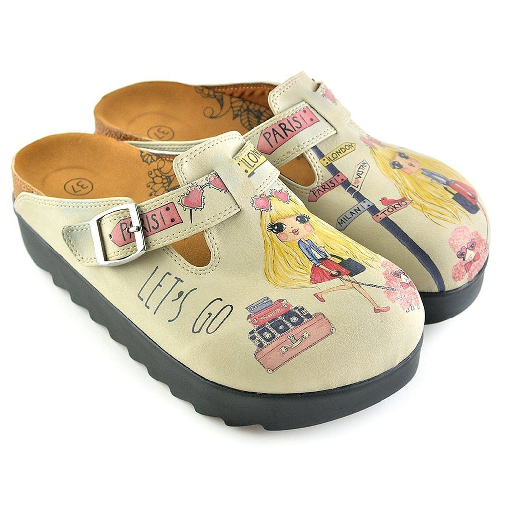 Pink and Yellow Colored, London, Paris Written, Traveling Blonde Girl Clogs - CAL701
