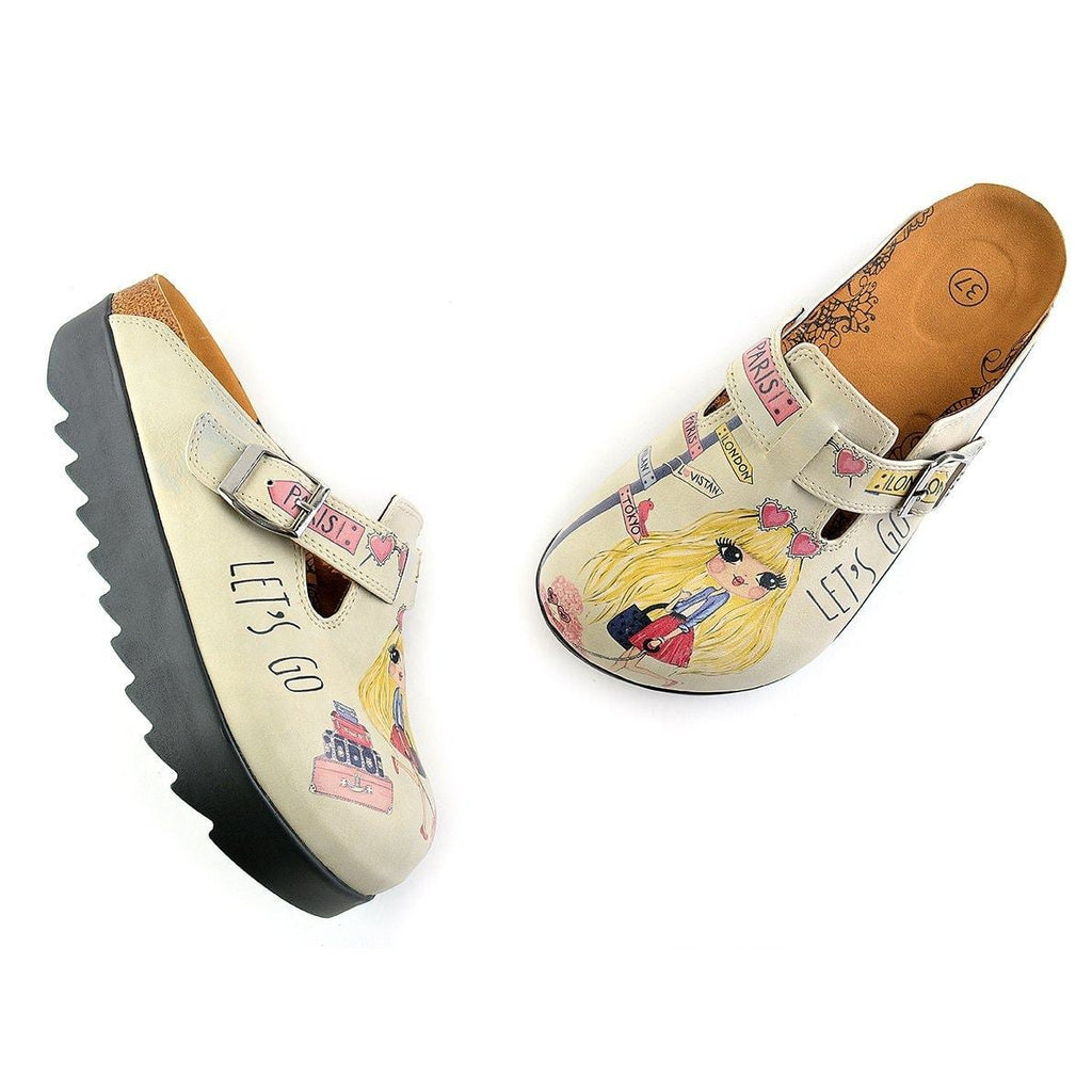 Pink and Yellow Colored, London, Paris Written, Traveling Blonde Girl Clogs - CAL701