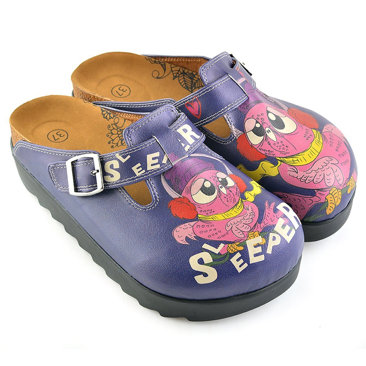 Dark Blue, Purple Owl, Sleeper Patterned Clogs - CAL702