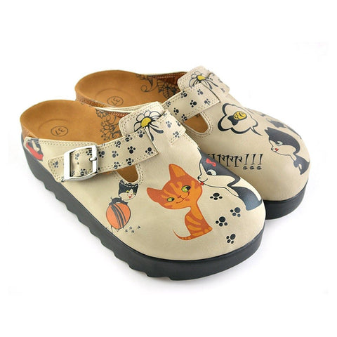 Beige Colored, Playful Kitty and Yellow and White Flowered Patterned Clogs - CAL703