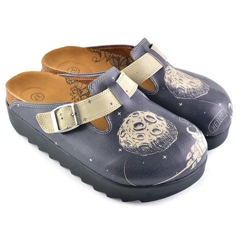 Black Spaced, Cream Star Bright and Black Moon, Astronaut Patterned Clogs - CAL704