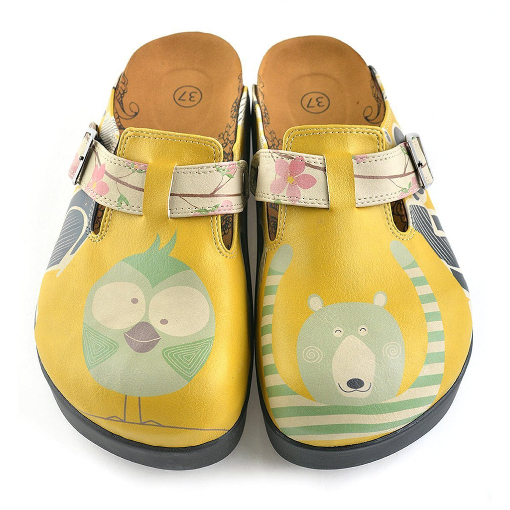 Yellow Colored, Green Owl and Crazy Bear and Colored Flowers Patterned Clogs - CAL705