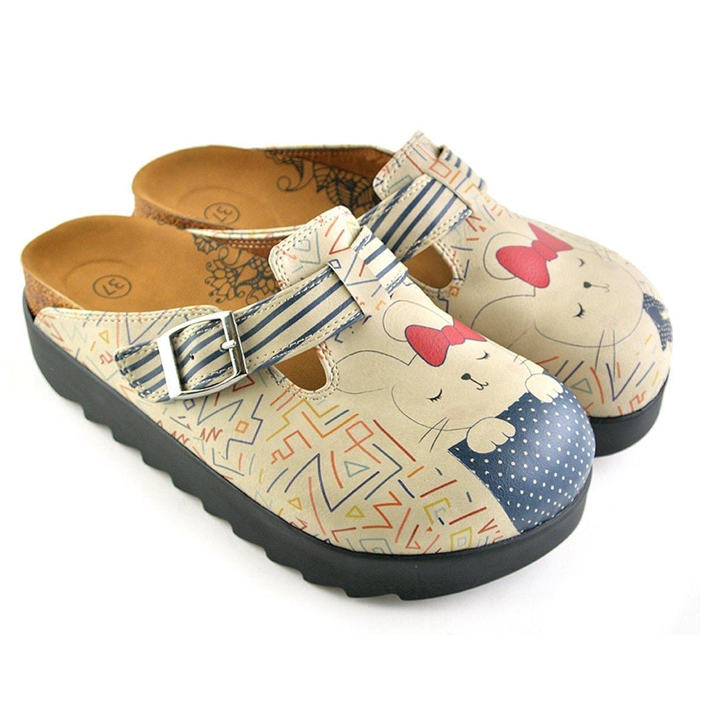Blue and Cream Colored Strip, Blue Colored Sweet Cat Patterned Clogs - CAL706