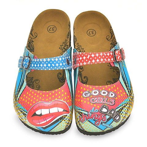 Blue and Red Retro Pattern, Good Girls do Bad Things, Patterned Clogs - CAL801