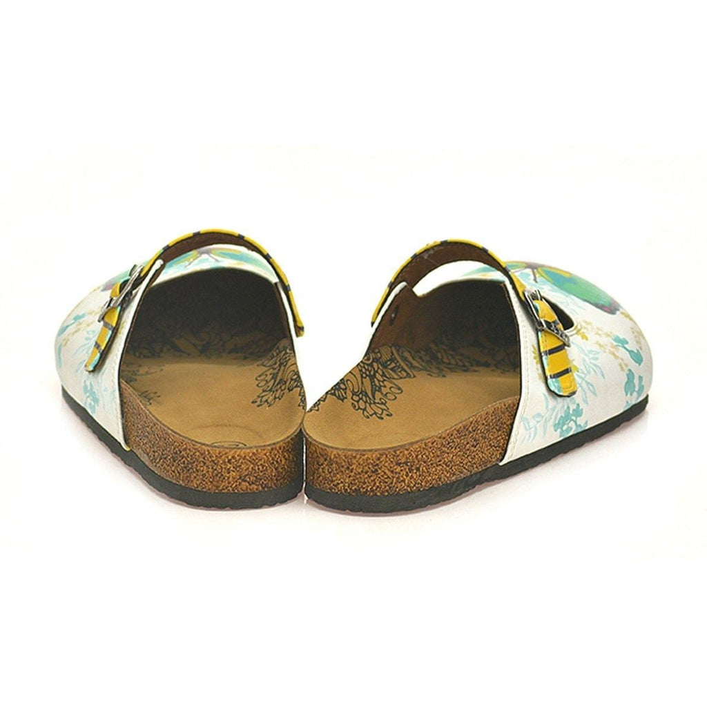 Black and Yellow Striped, Green and Pink Butterflied, Flowers Patterned Clogs - CAL802