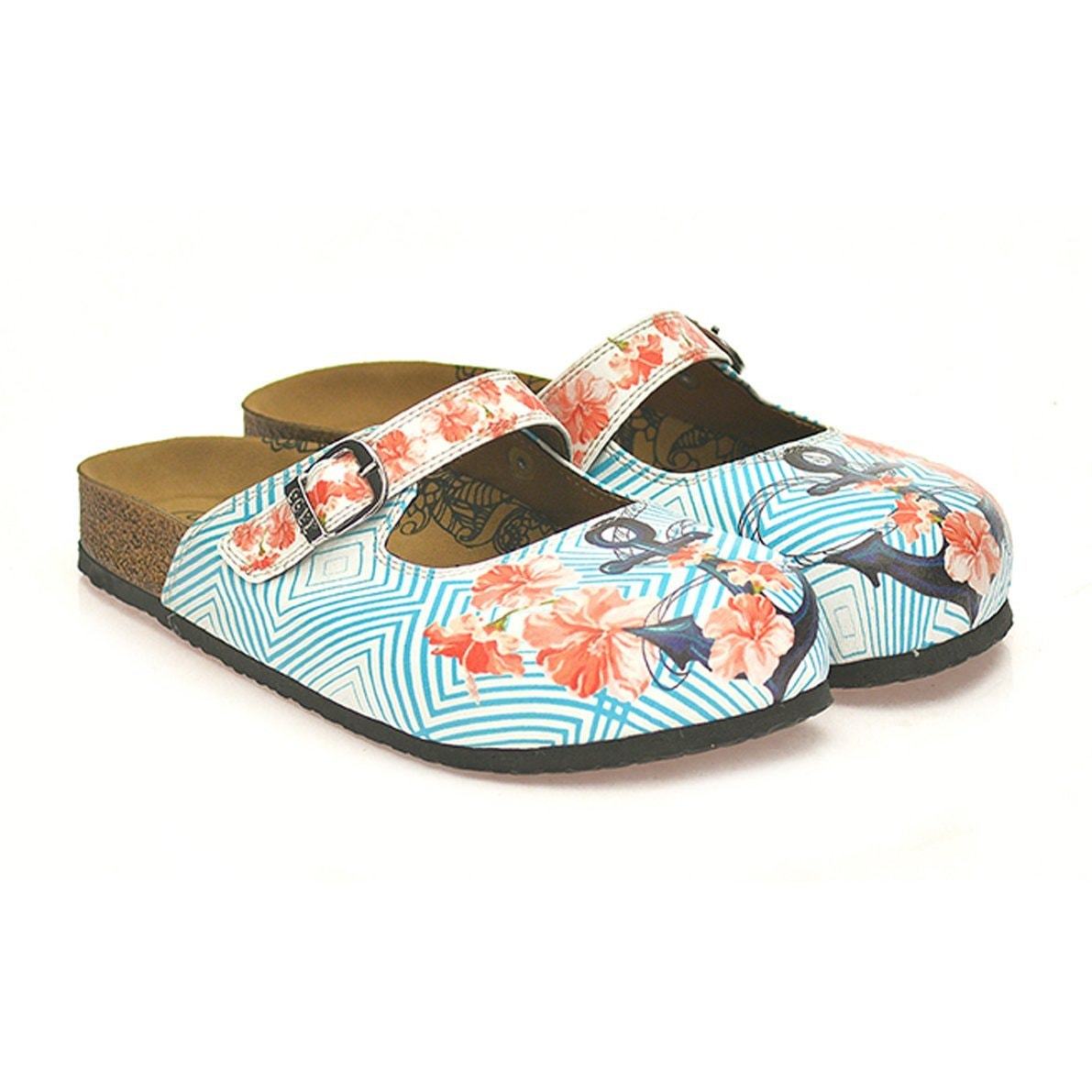 Red Flowered Patterned and Coral Color Squared and Blue Anchor Patterned Clogs - CAL804