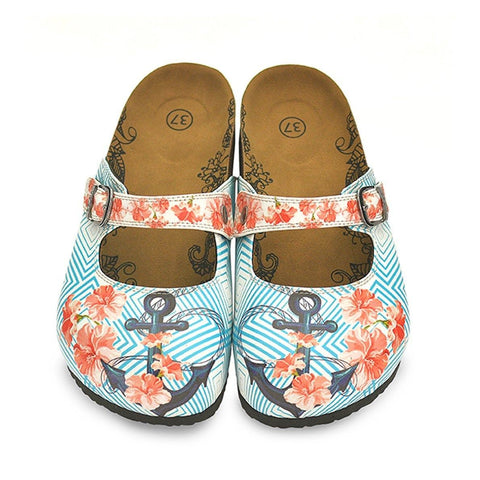 Red Flowered Patterned and Coral Color Squared and Blue Anchor Patterned Clogs - CAL804