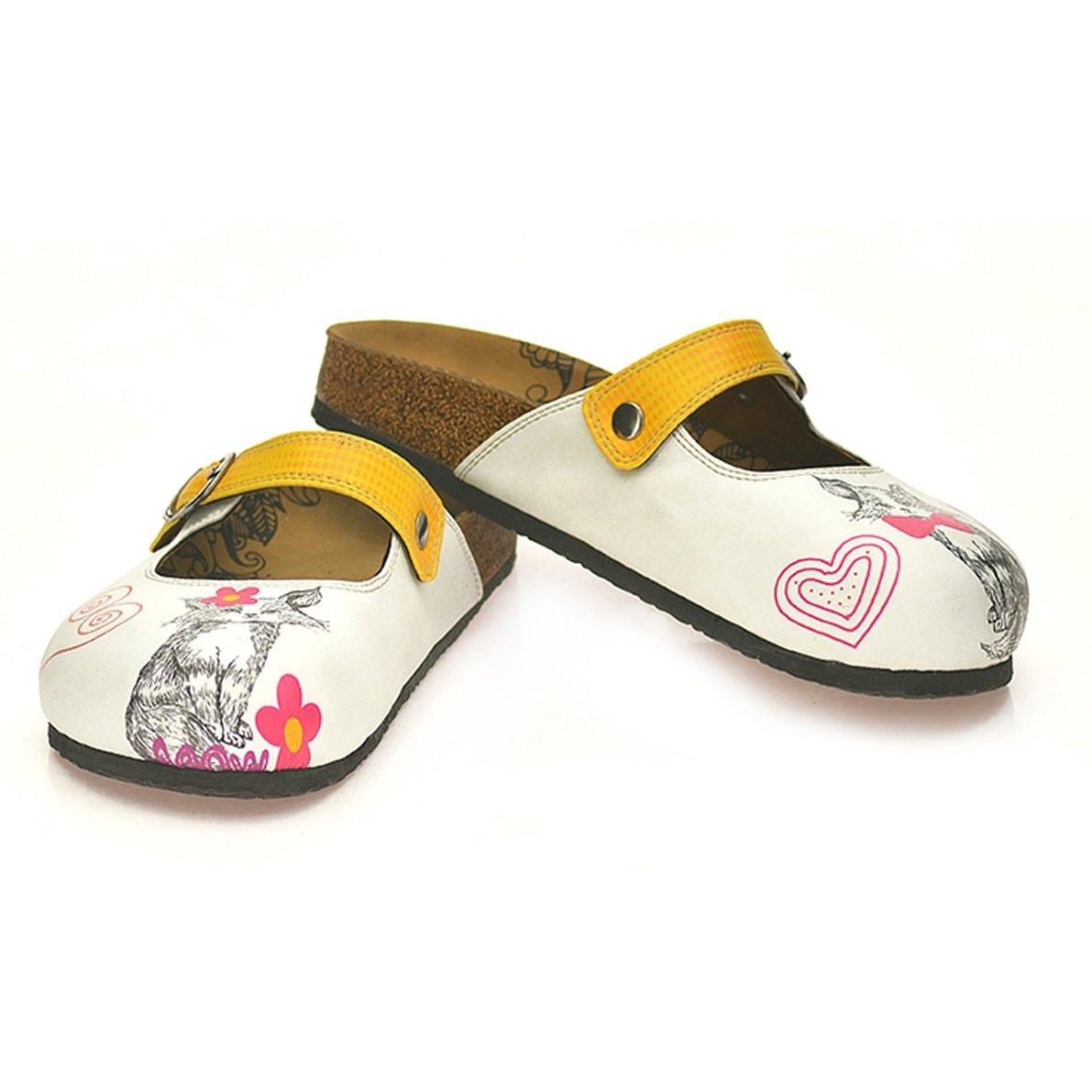 Yellow-Orange Round Patterned and White, Pink Flowered Cat Patterned Clogs - CAL805