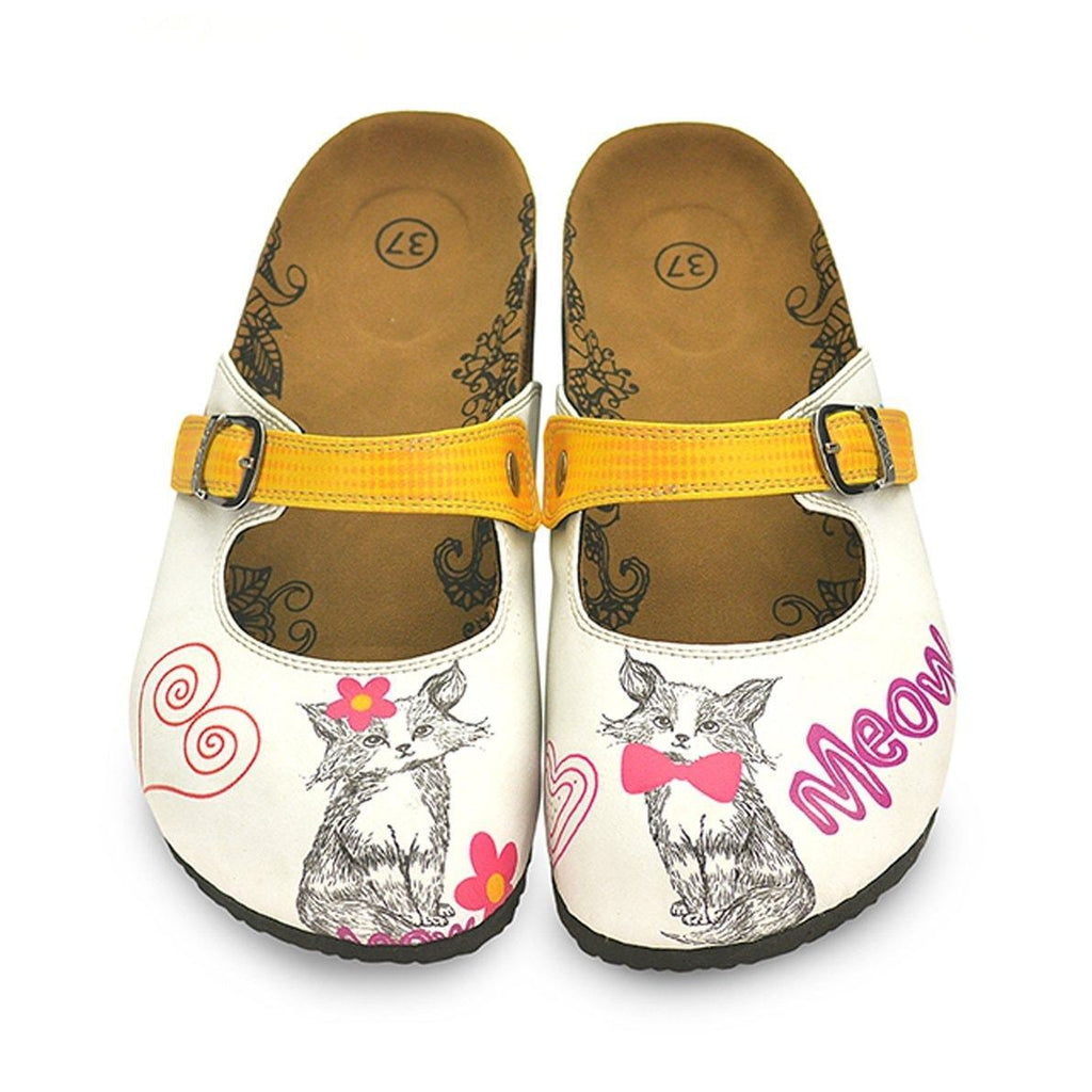 Yellow-Orange Round Patterned and White, Pink Flowered Cat Patterned Clogs - CAL805