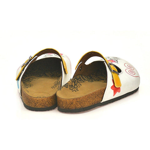 Yellow-Orange Round Patterned and White, Pink Flowered Cat Patterned Clogs - CAL805