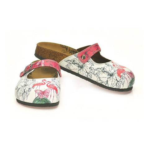 White and Pink Colored Flowered, Butterflied and Red Flamingo Patterned Clogs - CAL806