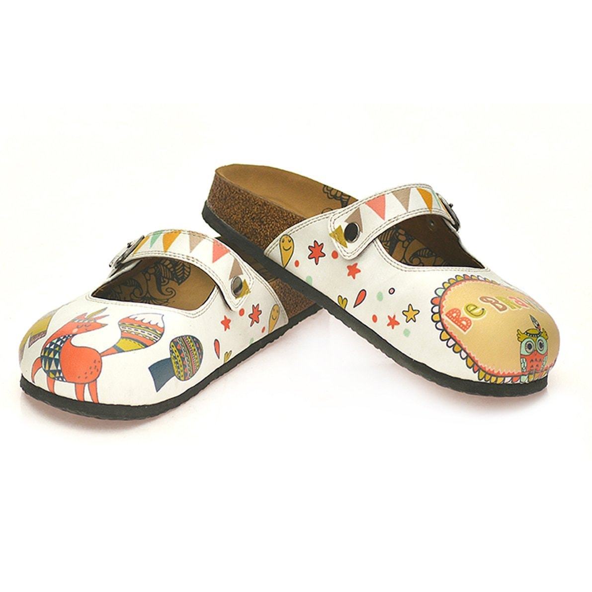 Colored Triangulated and Green Tent, Red Fox, Owl Pattern be Brave Written Patterned Clogs - CAL807