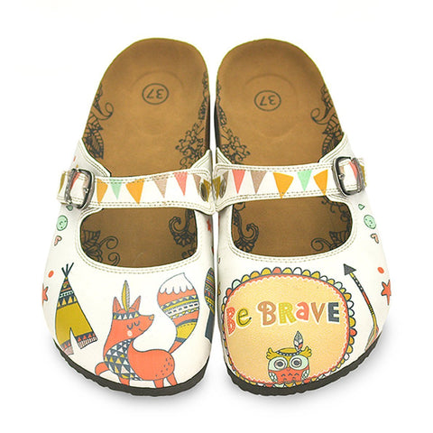 Colored Triangulated and Green Tent, Red Fox, Owl Pattern be Brave Written Patterned Clogs - CAL807