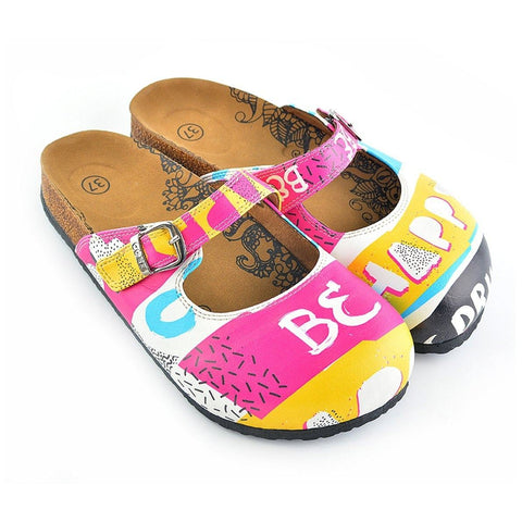 Pink, Blue, Yellow Colored Striped Pattern and be Happy Written Patterned Clogs - CAL809