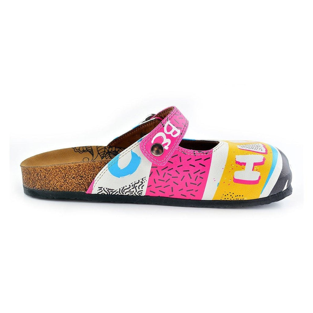 Pink, Blue, Yellow Colored Striped Pattern and be Happy Written Patterned Clogs - CAL809