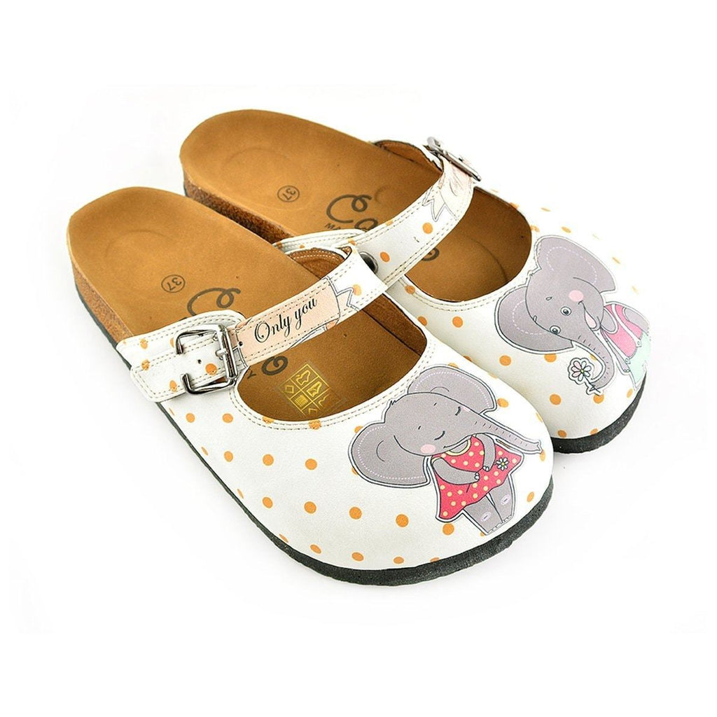 White and Orange Polkadot Pattern and Grey Sweet Elephant Patterned Clogs - CAL810
