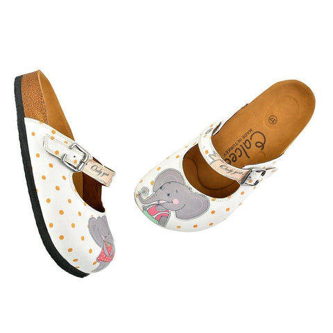 White and Orange Polkadot Pattern and Grey Sweet Elephant Patterned Clogs - CAL810