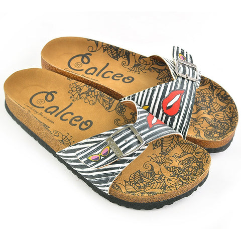 Black and White Striped Patterned, Lips and Sunshine Patterned Sandal - CAL902