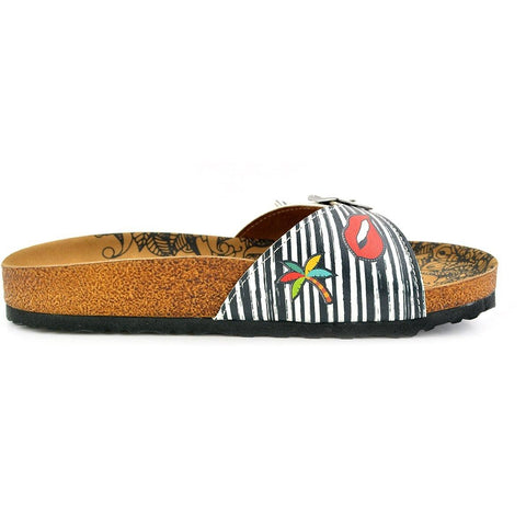 Black and White Striped Patterned, Lips and Sunshine Patterned Sandal - CAL902
