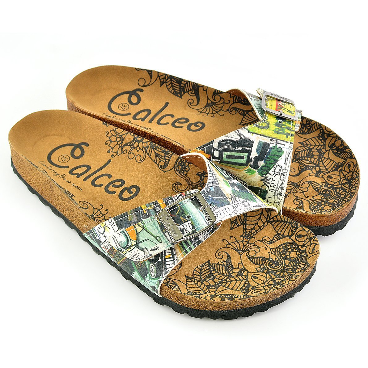 Black, Yellow, Green Shaped Abstract Patterned Sandal - CAL907