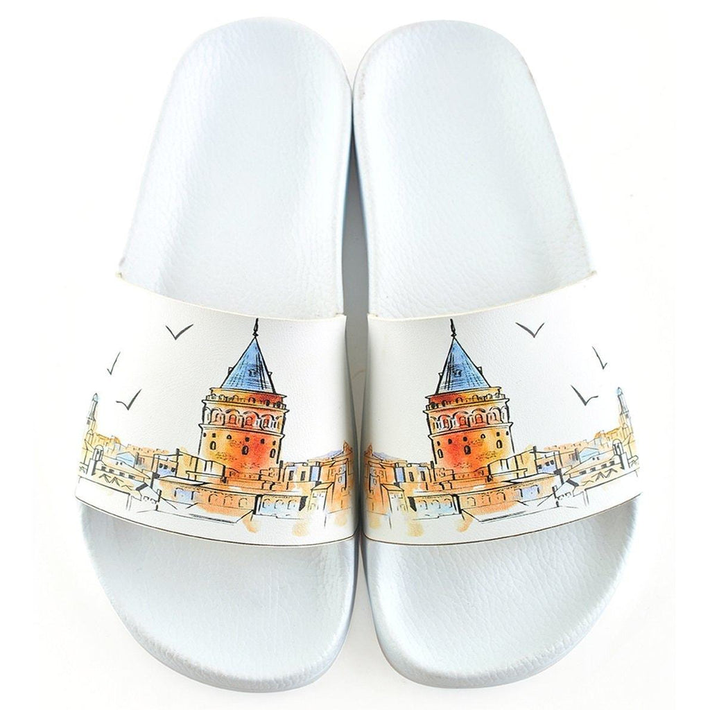 White Colored, Water Colored Galata Tower and Black Bird Patterned Sandal - CAP101