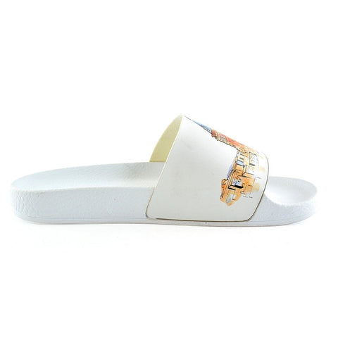 White Colored, Water Colored Galata Tower and Black Bird Patterned Sandal - CAP101