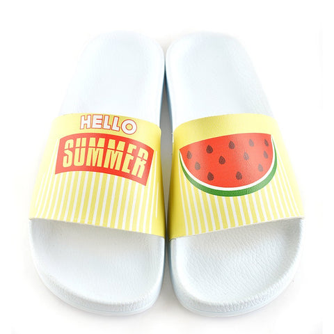 Yellow and White Striped and Watermelon Patterned, Hello Summer Written Patterned Sandal - CAP102