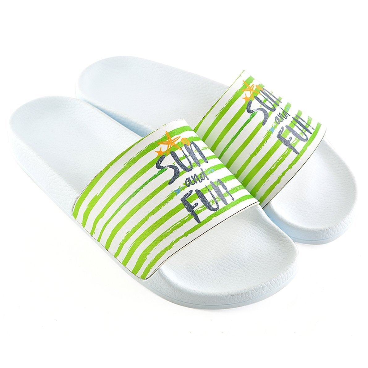 Green and White Striped, Sun and Fun Written Patterned Sandal - CAP108