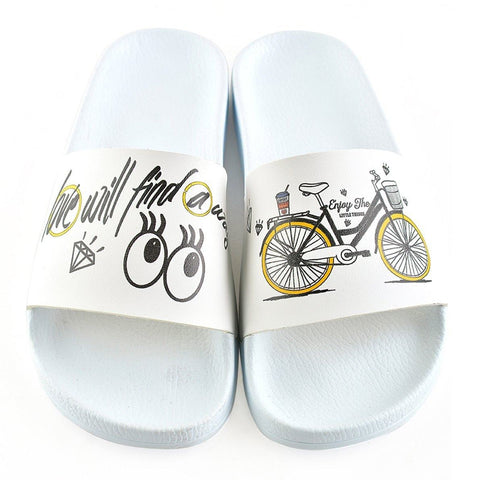 White Colored, and Black Bicycle Patterned, Love Will Find a Way Written Patterned Sandal - CAP109