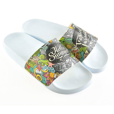 Black and White, Flowers Pattern, Moving and Mixed Colored Shaped, Hello Summer Written Patterned Sandal - CAP118