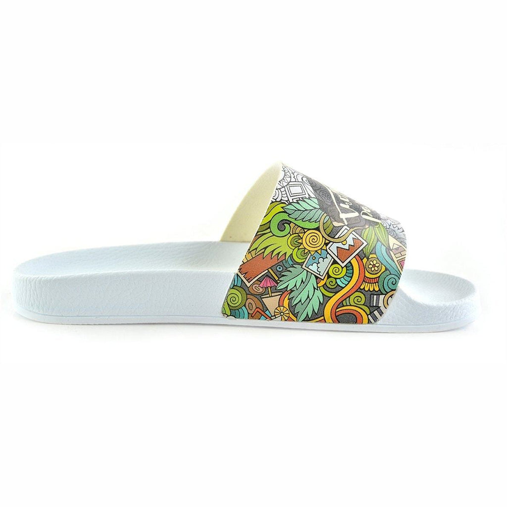 Black and White, Flowers Pattern, Moving and Mixed Colored Shaped, Hello Summer Written Patterned Sandal - CAP118