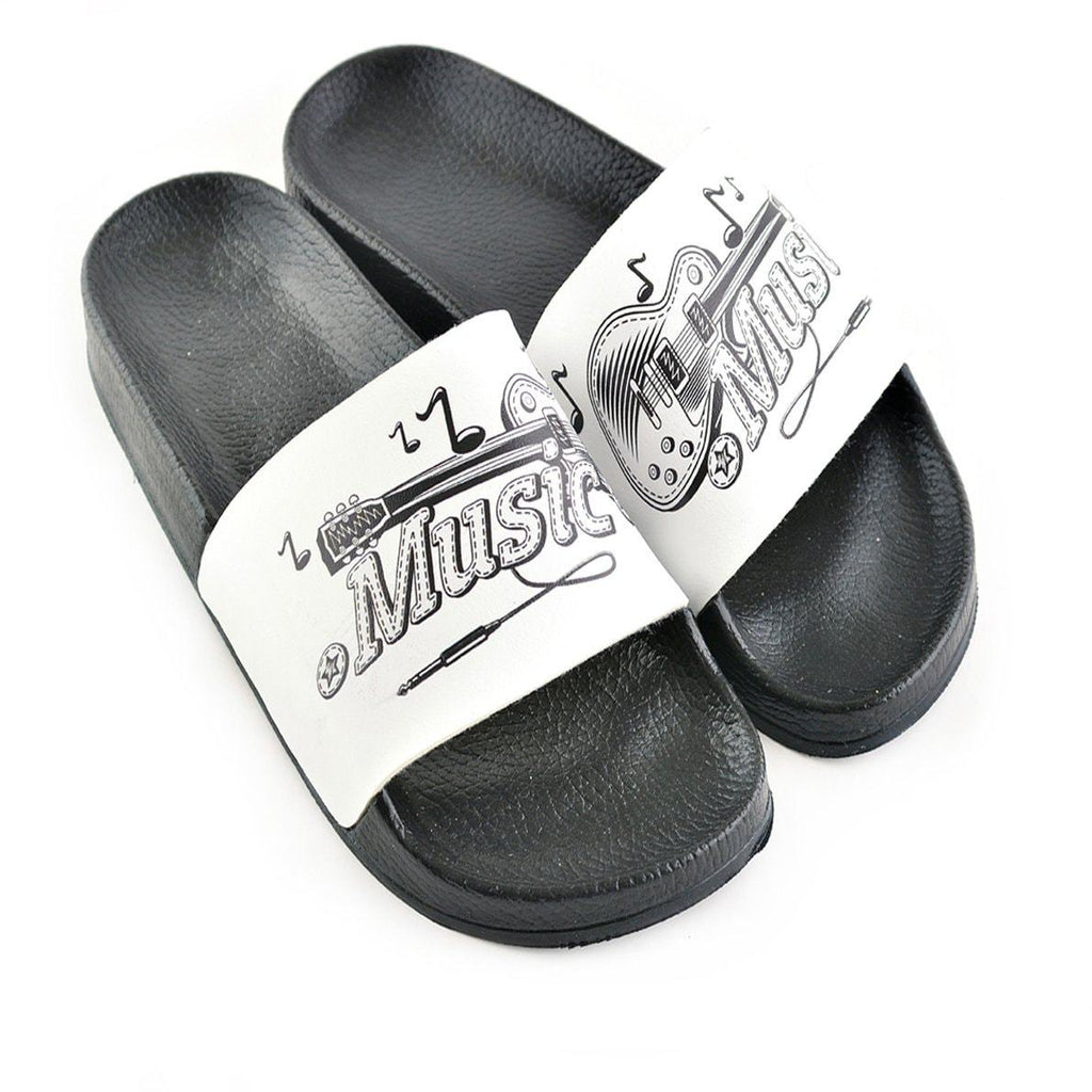 Black and White Colored Electronic Giutar and Music Written Patterned Sandal - CAP201