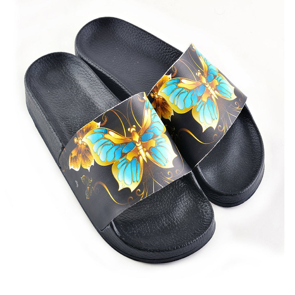 Black and Gold Colored Flowers and Gold, Blue Colored Butterflied Patterned Sandal - CAP204