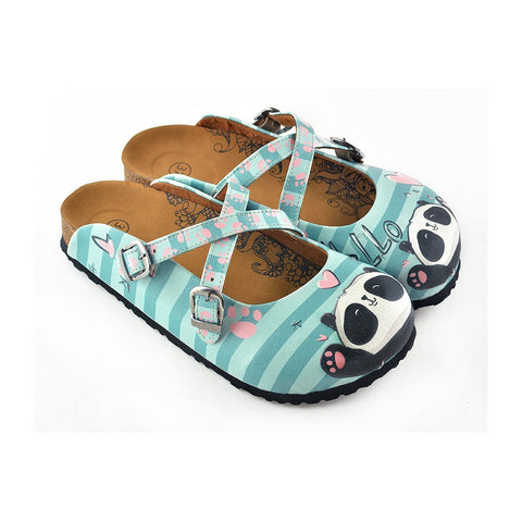 Blue and Light Blue Colored Strip, Pin Heart Pattern, Sweet Panda Patterned Clogs - WCAL122