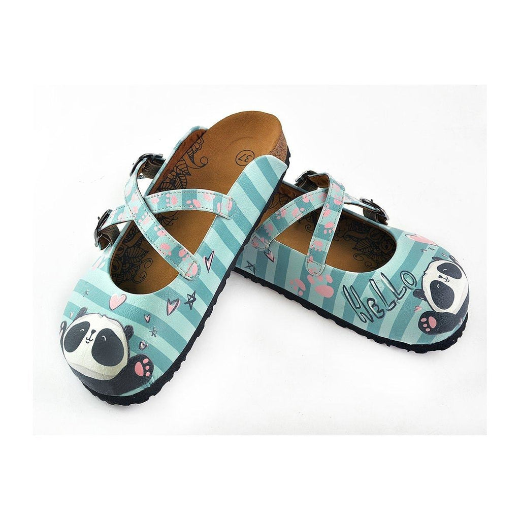 Blue and Light Blue Colored Strip, Pin Heart Pattern, Sweet Panda Patterned Clogs - WCAL122