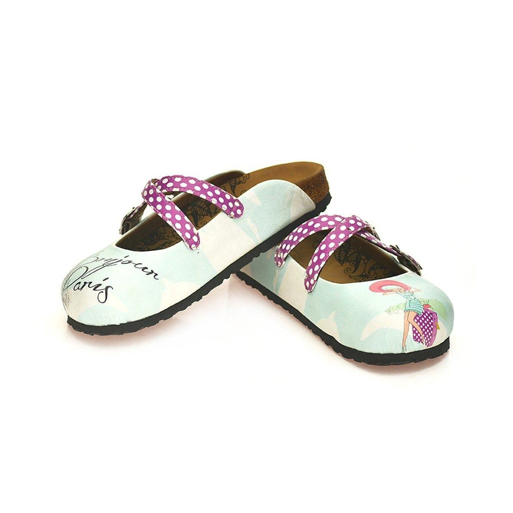 Purple and White Colored Polkadot, Bonjour Paris Written, Cute Girl Patterned Clogs - WCAL125
