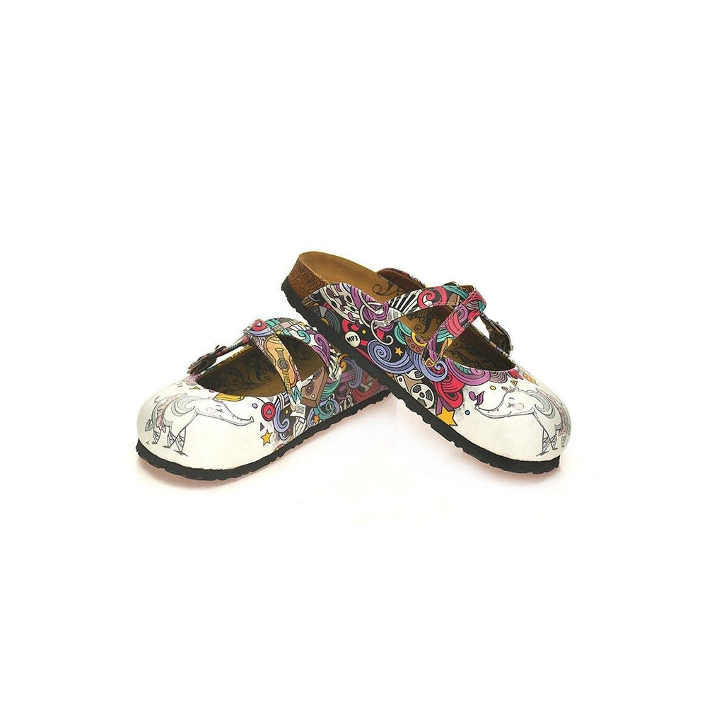 White Colored and Pink, Blue, Green Shaped Patterned and Sweet Elephant Patterned Clogs - WCAL126