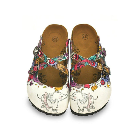 White Colored and Pink, Blue, Green Shaped Patterned and Sweet Elephant Patterned Clogs - WCAL126
