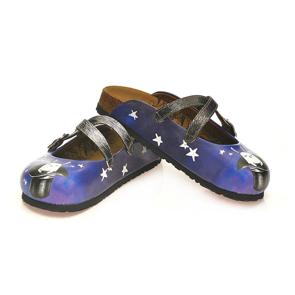 Black and White Striped and Navy Blue, White Stars and Rabbit, Black Hat Patterned Clogs - WCAL127
