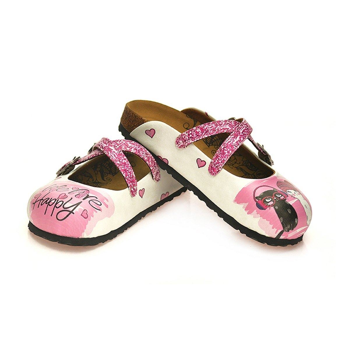 Pink and White Colored Silvery, We are Happy Written, Black and White Cat Patterned Clogs - WCAL128