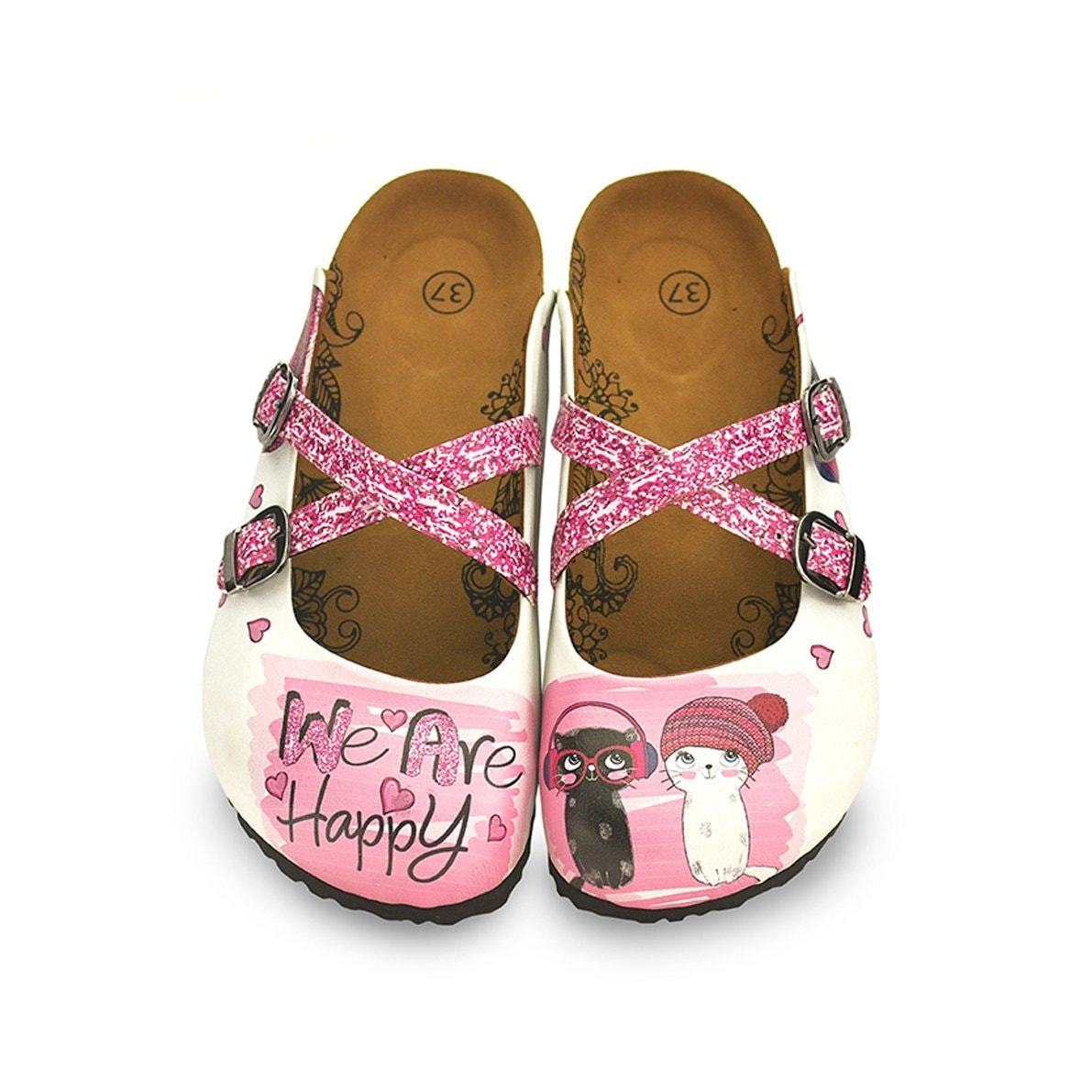 Pink and White Colored Silvery, We are Happy Written, Black and White Cat Patterned Clogs - WCAL128