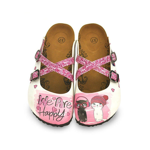 Pink and White Colored Silvery, We are Happy Written, Black and White Cat Patterned Clogs - WCAL128