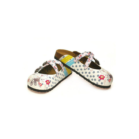 Blue and White Colored Flowers, Cute Elephant Patterned Clogs - WCAL131
