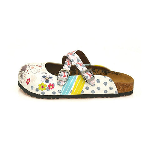 Blue and White Colored Flowers, Cute Elephant Patterned Clogs - WCAL131