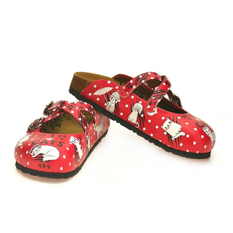 Red and White Colored Polkadot and Paw, White Sleeping Cat Patterned Clogs - WCAL132