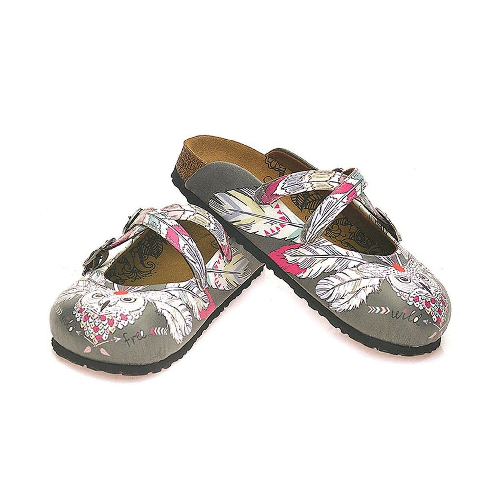 Grey Colored, Colorful Feathers, Owl Patterned Clogs - WCAL133
