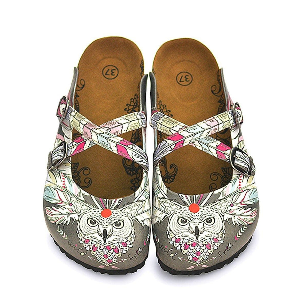 Grey Colored, Colorful Feathers, Owl Patterned Clogs - WCAL133
