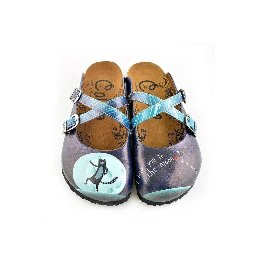 Blue Colored Striped Pattern and I Love You to the Moon and Black Written Patterned Clogs - WCAL138
