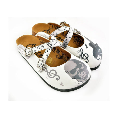 White and Grey Colored Music Notes and Dry Skull Patterned Clogs - WCAL141