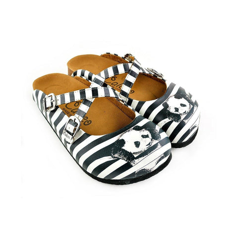 Black and White Straight Striped and Navy Blue, White Stars and Rabbit, Black Hat Patterned Clogs - WCAL143